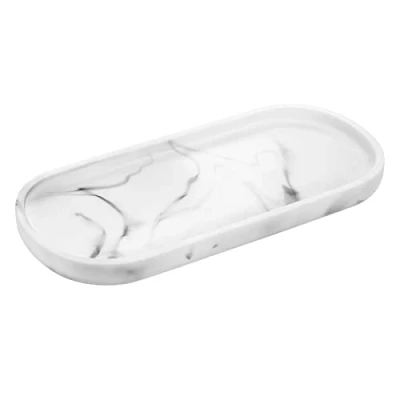 Image of Luxspire Bathroom Vanity Tray, Toilet Tank Oval Storage Resin Handmade Bathtub Kitchen Dresser Countertop Organizer for Soap Shampoo Candles Towel Plant Jewelry Ring Dish White Marble