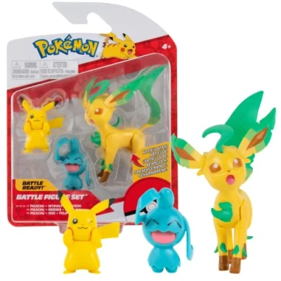 Image of Pokemon PKW0178 3 Pack Features 2 Pikachu, Wynaut &amp; Inch Leafeon Battle Figures Authentic Details, Multi