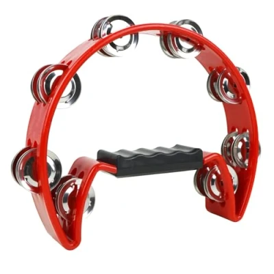 Image of A Star Half Moon Tambourine, Double Jingle Bell Cutaway with Ergonomic Grip Handle Singers, Bands, Musicians, Music Classes Red