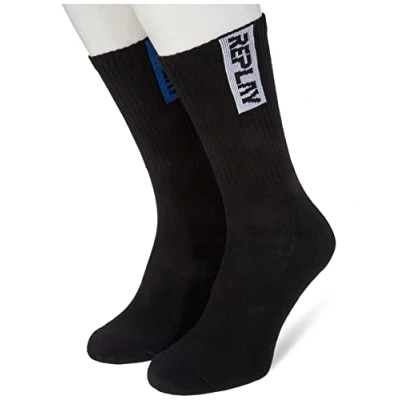 Image of REPLAY C100800 001 N191 TENNIS half terry Leg Stripe&amp;Logo 2Prs Banderole Socks Unisex BLACK/BLACK Size 43/46
