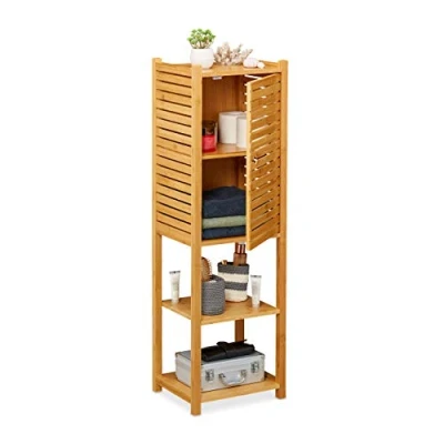 Image of Relaxdays Bamboo Bathroom Cabinet, 5 Shelves, 1 Cupboard with Door, Kitchen Storage Unit, HWD: 113 x 35 29 cm, Natural