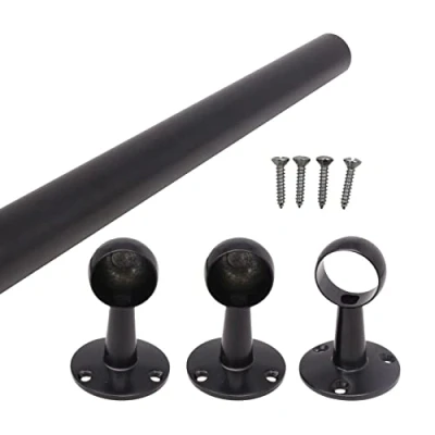 Image of Wardrobe Rail Black Mounted Kit for Clothes Hanging (1 rail, 2 end brackets, 1 centre bracket, screws) (25 x 1829 mm)