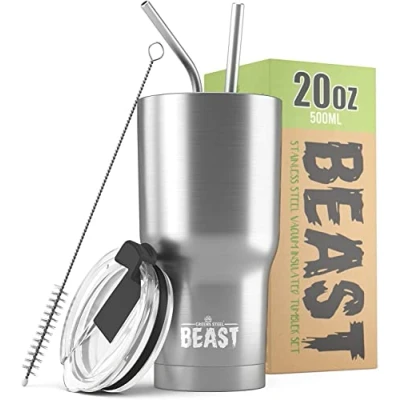 Image of Beast Tumbler 550 ml (20 oz), Silver Reusable Stainless Steel, Vacuum Insulated Cup with + 2 Straws &amp; Cleaning Brush Double Wall Travel Flask Perfect for Hot or Iced Coffee BPA Free