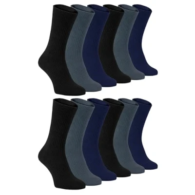 Image of 12 Pair Multipack Mens 100% Cotton Diabetic Friendly Socks Sock Snob Ribbed Non Elastic Loose Wide Top (6 11, TSFD01)