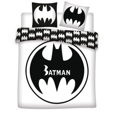 Image of Aymax Batman Logo Double Bedding Set, Reversible Duvet Cover 240 x 220 cm + 2 Pillowcases 65 cm, Polycotton, Black and White