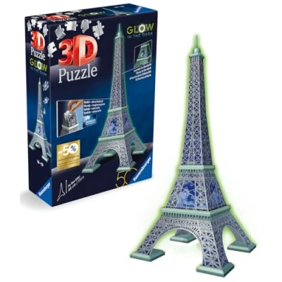 Image of Ravensburger Glow in The Dark Eiffel Tower 3D Jigsaw Puzzles for Kids and Adults Age 8 Years Up 50th Anniversary Edition 216 Pieces No Glue Required