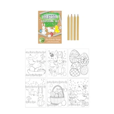 Image of HENBRANDT Single Eco Friendly Mini Easter Colouring Set with 6 Sheets and 4 Pencils A6 Pack Children’s Activity Egg Hunt Party Favours for Boys Girls