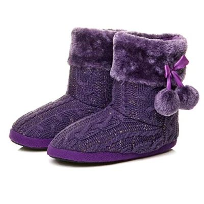 Image of Ajvani Womens Ladies Winter pom Fur Lined Knitted Ankle Slipper Boots, Purple Glitter Knitted, 4 UK