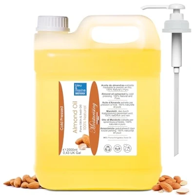 Image of Pure Cold Pressed Sweet Almond Oil, Vegetable Massage Body &amp; Face Hair Moisturiser, Baby Skin Softener, Anti Stretch Marks, Natural Breast Firming, 2000 ml 70.39fl oz
