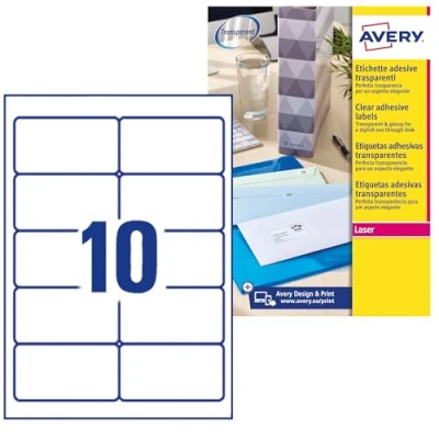 Image of Avery L7783 25 Printable, Customisable Crystal Clear Transparent Labels, 10 Labels Per A4 Sheet