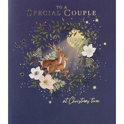 Image of Paperlink Special Couple Christmas Card Deer in Woodland under the Moon Embossed with Foil Details Eco Friendly and Recyclable