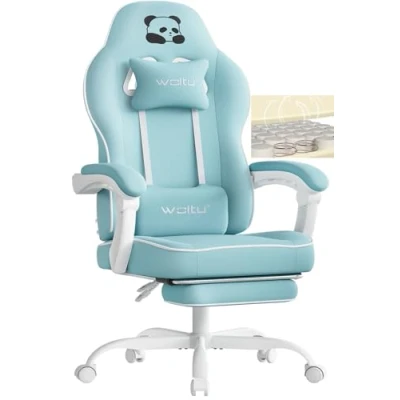 Image of WOLTU gaming chair with pocket spring cushion, armchair 150 kg load capacity, ergonomic swivel chair, gamer head lumbar footrest, mesh fabric, Lightblue, GS16hbl