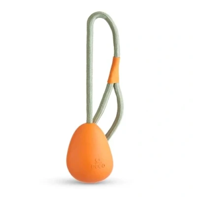 Image of Beco Dog Toy Natural Rubber Ball on a Rope for Dogs, Egg Shape Orange