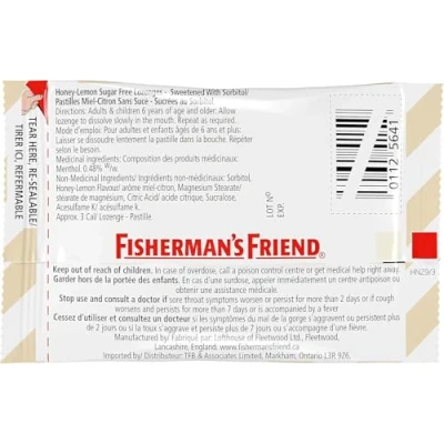 Image of HONEY &amp; LEMON MENTHOL FLAVOUR SUGAR FREE Fisherman&#039;s Friend Lozenges 24 x 25g Packs. by
