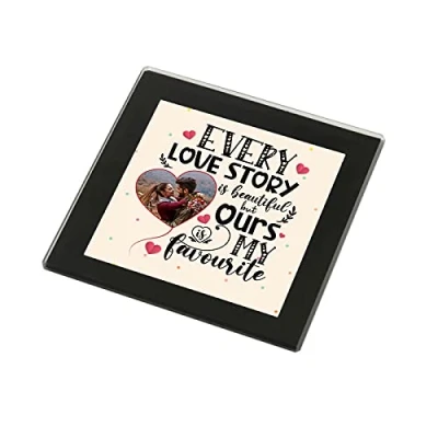 Image of Personalised with ANY IMAGE Every Love Story Is Beautiful, Gift for Boyfriend, Girlfriend, Husband, Wife, Anniversary Present, Square Black Glass Photo Coaster Presentation box SET.