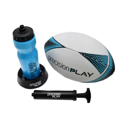 Image of PrecisionPLAY Rugby Training Set, Size 4 Ball, Kicking Tee, Water Bottle, Pump &amp; Carry Bag, Equipment and Gift Kit for Young Players, Blue/Black/White