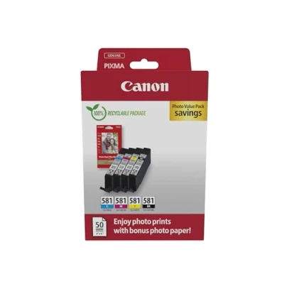 Image of Canon CLI 581 C M Y BK VALUE Pack of 4 cartridges (Black Cyan Magenta Yellow) + 50 sheets 10x15cm Photo Paper Genuine (Recycled Cardboard Multipack)