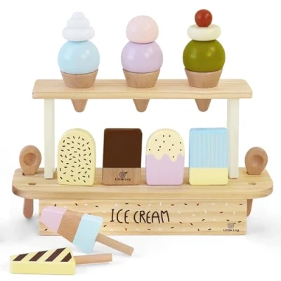 Image of Little Log Wooden Ice Cream Toy for Kids Role Play Shop Dessert Toddler Pretend Food Sets Children Kitchen Accessories 3 Year Old Girls Boys Gifts