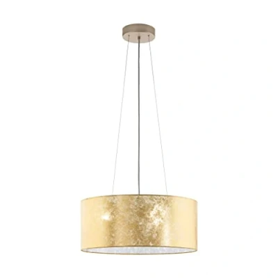 Image of EGLO Pendant lighting Viserbella, 3 bulbs vintage ceiling light fitting made of steel and fabric in champagne gold, hanging lamp for dining living room, E27 socket, Ø 20.9 inches