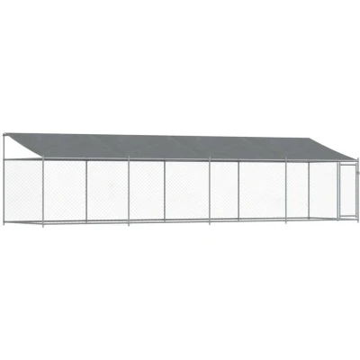 Image of vidaXL Dog Kennel with Roof Door, Galvanised Steel Cage, Mesh Design Grey Crate for Exercise, Training, Safety, 8x2x2m
