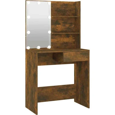Image of vidaXL Dressing Table With LED Brown Oak 74.5x40x141 cm Made from Resistant Engineered Wood Asymmetrical Design Storage Drawer and Shelves