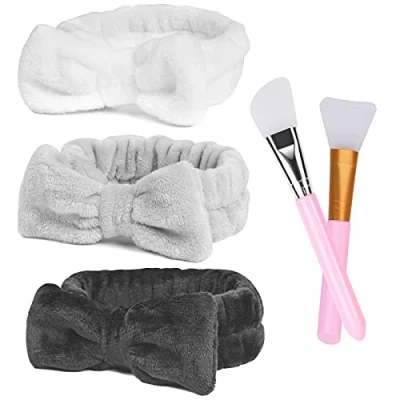 Image of URAQT Spa Headbands for Women, 3 Pack Fluffy Headband Washing Face, Elastic Bowknot Hair Bands with 2 Pcs Mask Brushes, Coral Fleece Women &amp; Girls&#039; Head Band Makeup, Shower, Sports