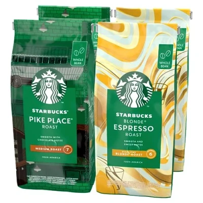 Image of STARBUCKS Pike Place Roast, Blonde Espresso Roast Whole Bean Coffee 450g (Pack of 4)