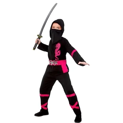 Image of Wicked Costumes Girls Power Ninja Black/Pink Fancy Dress Costume Large (8 10 Years)