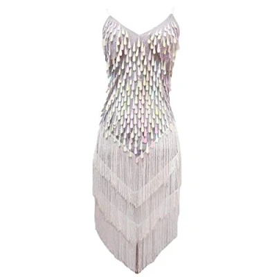 Image of Grouptap Womens flapper gatsby sequin tassel ballroom dance sling skirt white latin salsa tango samba cha rumba dress size 6/8/10/12 (White, UK 6 12)