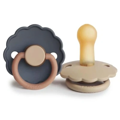 Image of FRIGG Daisy Latex Pacifier Pack of 2 Natural Rubber Soother Dummy BPA Free Made in Denmark Symmetrical Cherry Shaped Nipple (Aurora/Croissant, Size (6 18 Months))