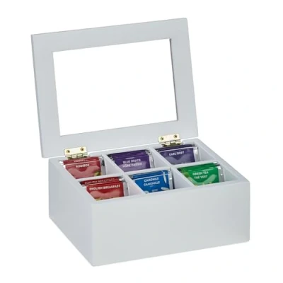 Image of Relaxdays, 6 Compartments, Bamboo, HBT: 9x21,5x16 cm, Coffee Pods, Tea Box with Lid, Dust Protected, White, 9 x 21.5 16 cm