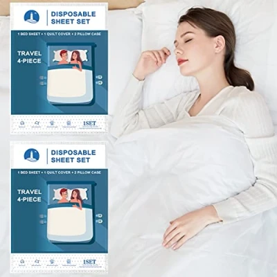Image of Yutianli Two Sets of Disposable Bed Sheets, Quilt Cover and Pillow case Set for Hotel Travel. Portable Ready to use Bedding (Travel 4 Piece Double) 2