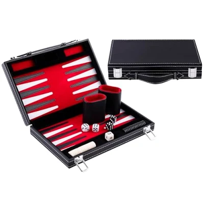 Image of Engelhart 250513 travel Backgammon 11&quot; game, inlaid velvet stitching leatherette playing field in attache case (Red/Black/White)