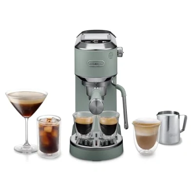 Image of De&#039;Longhi Dedica Duo EC890.GR, Traditional Barista Pump Machine, Espresso And Cold Brew, Manual Coffee Machine With My LatteArt Steam Wand, 15cm Wide, 2 Espresso, Touch Display, Mug up to 13cm, Green