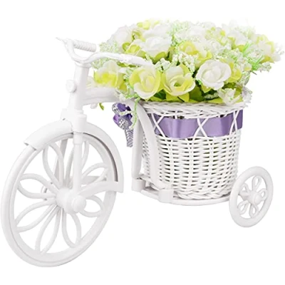 Image of Takefuns Artificial Flower Pot Antique Bike with Basket for Home Wedding Decor, Plastic, Yellow, Small