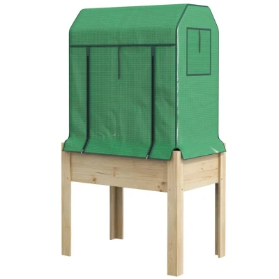 Image of Outsunny Wooden Raised Planter Garden Bed with PE Greenhouse Cover &amp; Liner