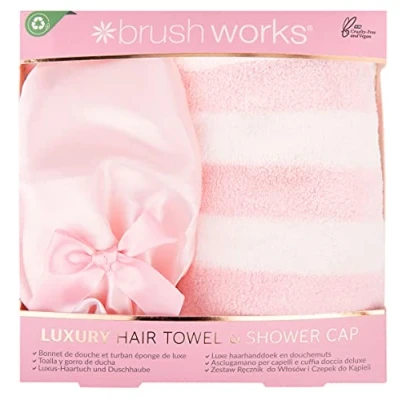 Image of Brushworks Luxury Hair Towel &amp; Shower Cap, Pink, One Size, 25 12 105