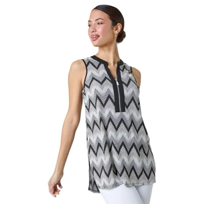 Image of Roman Womens Zip Neck Chevron Puff Print V Top Black Size 10 UK