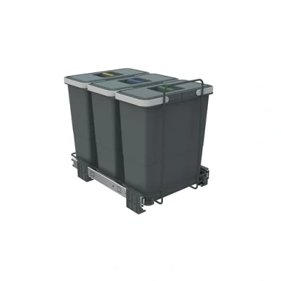Image of Handle &amp; Home 400mm Grey Cabinet Bin Base Mounted 3 x 12L Integrated Pull Out Waste Recycling