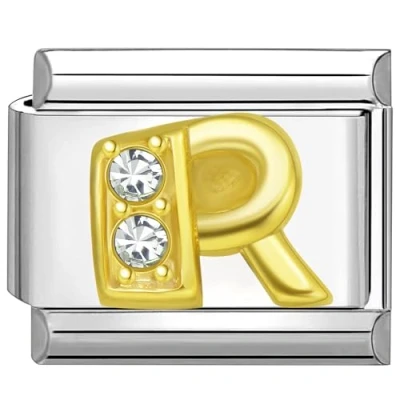 Image of Quiges 9mm Italian Style Charm Link Module Stainless Steel Zirconia Gold Alphabet Letter R for Bracelets