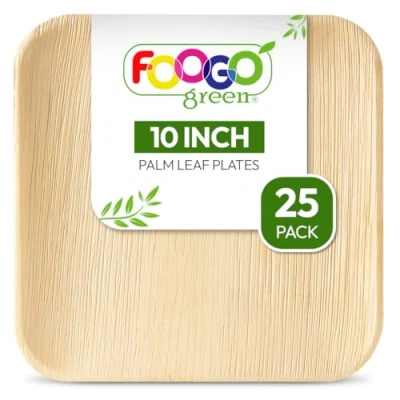 Image of FOOGO Green 25 Disposable Palm Leaf Plates, 10&quot;(25cm) Large Square, Eco Friendly Biodegradable compostable Like Wooden Bamboo Paper Plates for Hot Food, Wedding Picnic