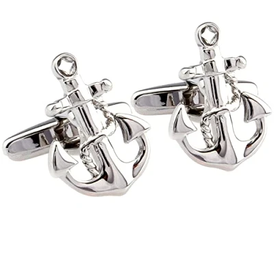 Image of HONEY BEAR Cufflinks for Men Vintage Boat Anchor Sailors Ocean Wedding Gift (Silver)