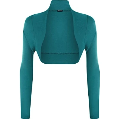 Image of WearAll Womens Plus Size Plain Long Sleeve Cropped Ladies Shrug Bolero Cardigan Top Teal 20/22