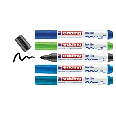 Image of edding 4500 textile marker black, 3x blue, green 5 pens round nib 2 3 mm permanent fabric markers for drawing on textiles, wash resistant up to 60C lettering