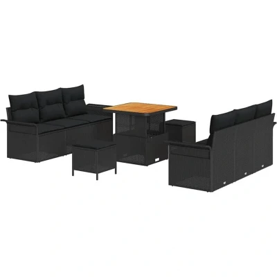 Image of vidaXL 9 Piece Garden Sofa Set with Cushions Black Poly Rattan Acacia