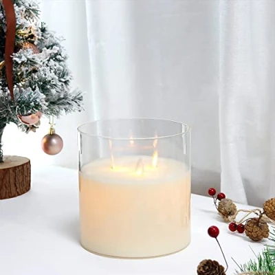Image of JHY DESIGN Large 3 Wicks Glass Candle Battery Operated with 6 Hour Timer, 15cm Dia Swing 3D Effect Candle, Side Flickering for Party Christmas Bedroom Indoor Table(White)