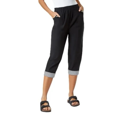 Image of Roman Originals Cropped Stretch Trouser for Women UK Ladies Capri Pants Summer Leggings 3/4 Three Quarter Pedal Pusher Elasticated Waist Cut Off Contrast Detail Pull On Work Black Size 14