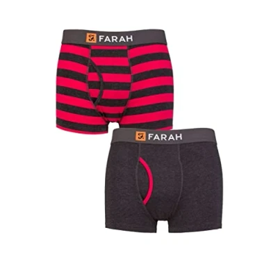 Image of Mens 2 Pack Farah Plain and Striped Cotton Classic Keyhole Trunks Broad StripeÂ Charcoal / Red M