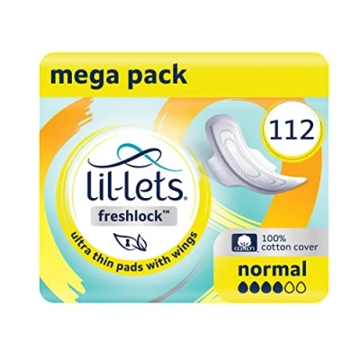 Image of Lil Lets Freshlock™ Ultra Thin Period Pads 112 Count, Normal Absorbency, with Wings, 8 Packs of 14 Bulk Pack, Unscented, 100% Cotton Cover, Regular Absorbency Sanitary Towels