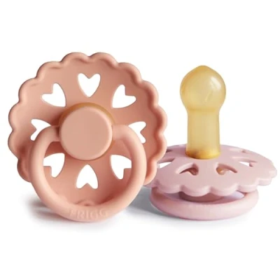 Image of FRIGG Fairytale Latex Pacifier Pack of 2 Natural Rubber Soother Dummy BPA Free Made in Denmark Symmetrical Cherry Shaped Nipple (Pretty Peach/Primrose, Size (6 18 Months))